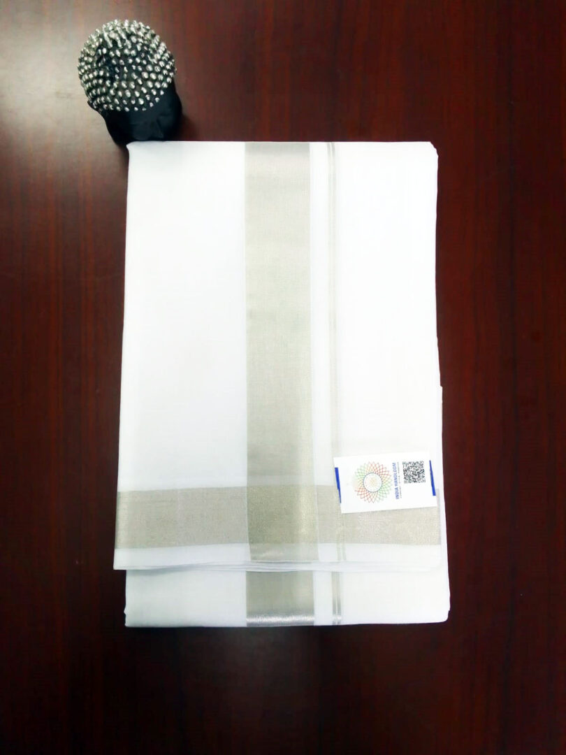 2B Grey Silver Lined  Border Handloom Dhothi