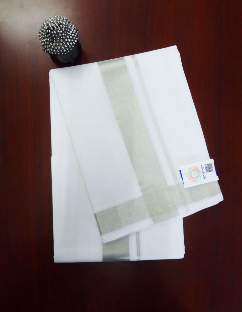 2B Grey Silver Lined  Border Handloom Dhothi - Image 2