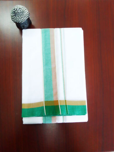 2B Green, Brown with Sliver Lined Border Handloom Dhothi