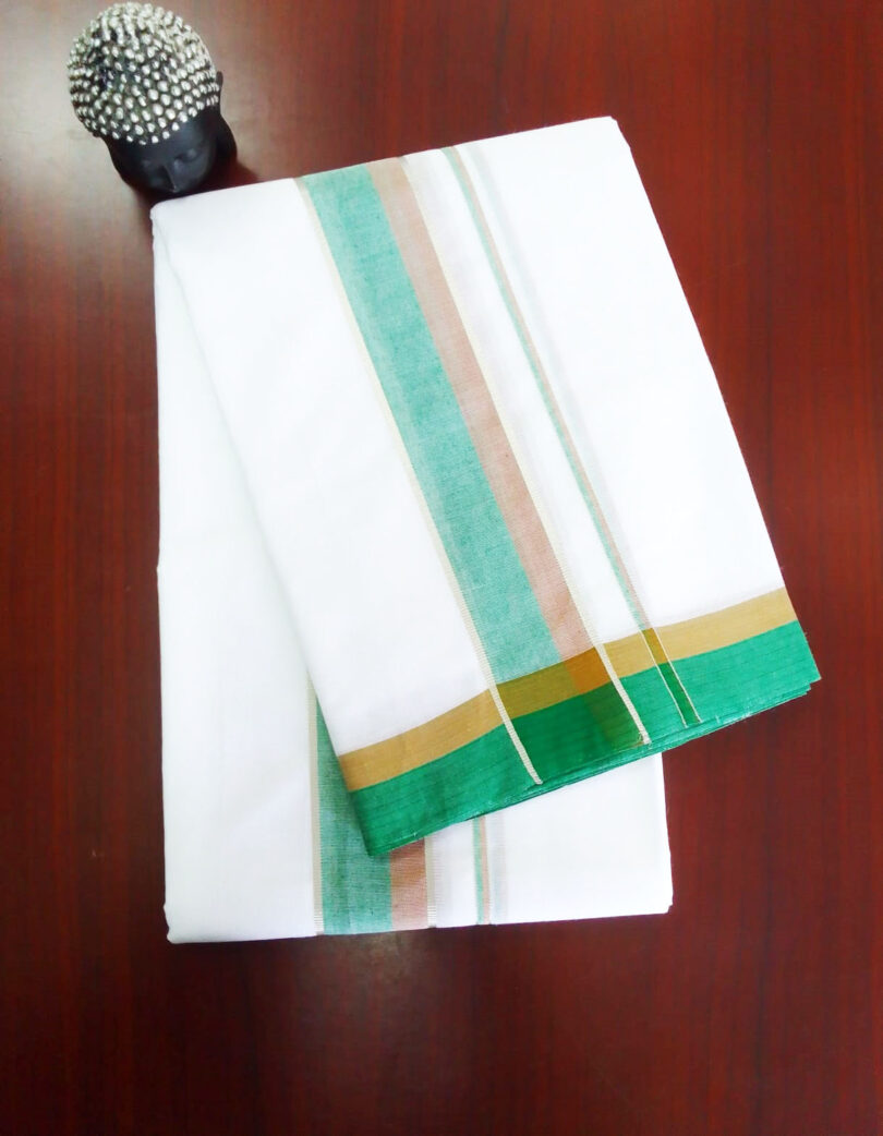 2B Green, Brown with Sliver Lined Border Handloom Dhothi - Image 2