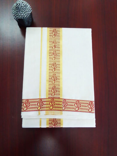 2B Red with Golden Lined Border Handloom Dhothi