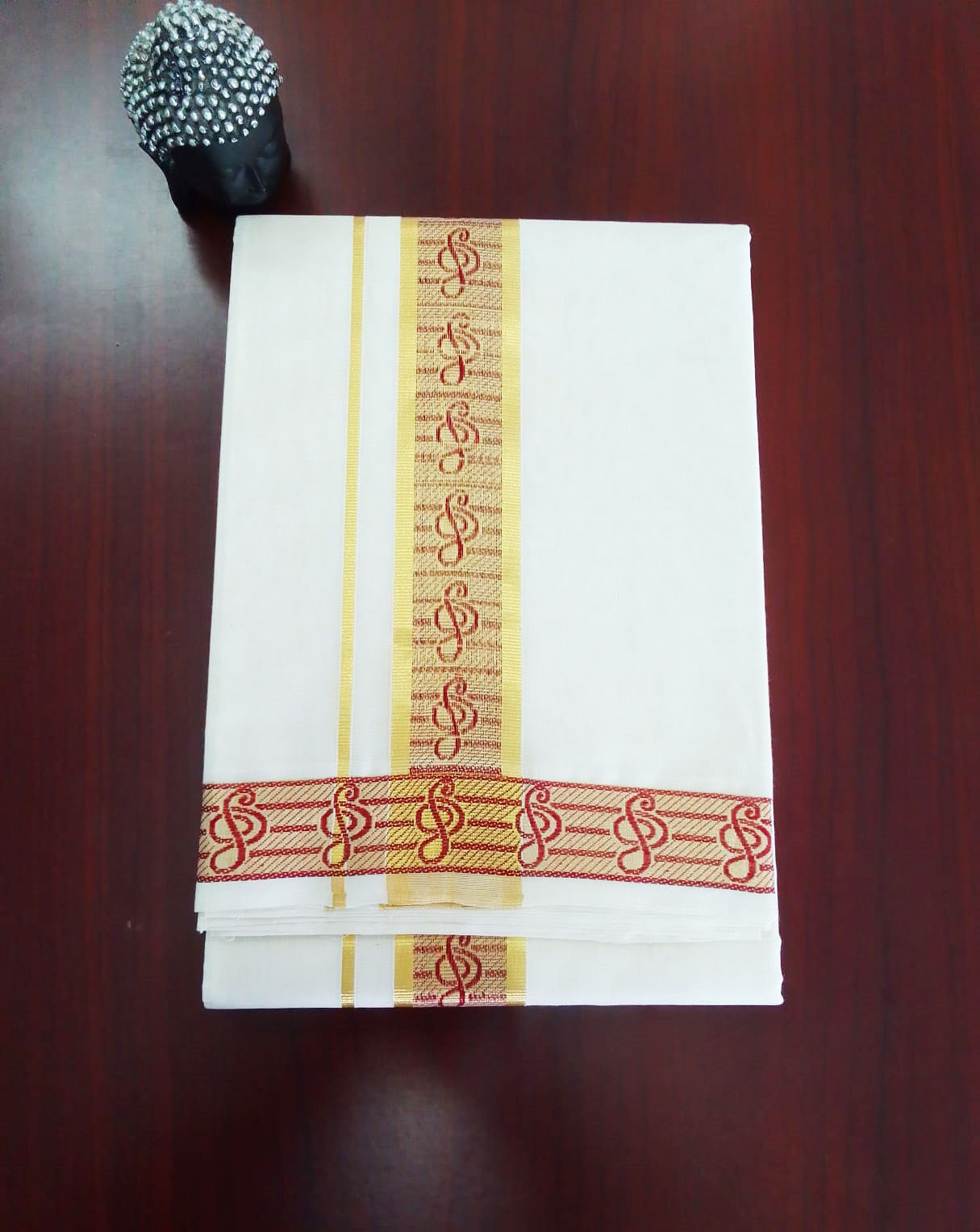 2B Red with Golden Lined Border Handloom Dhothi