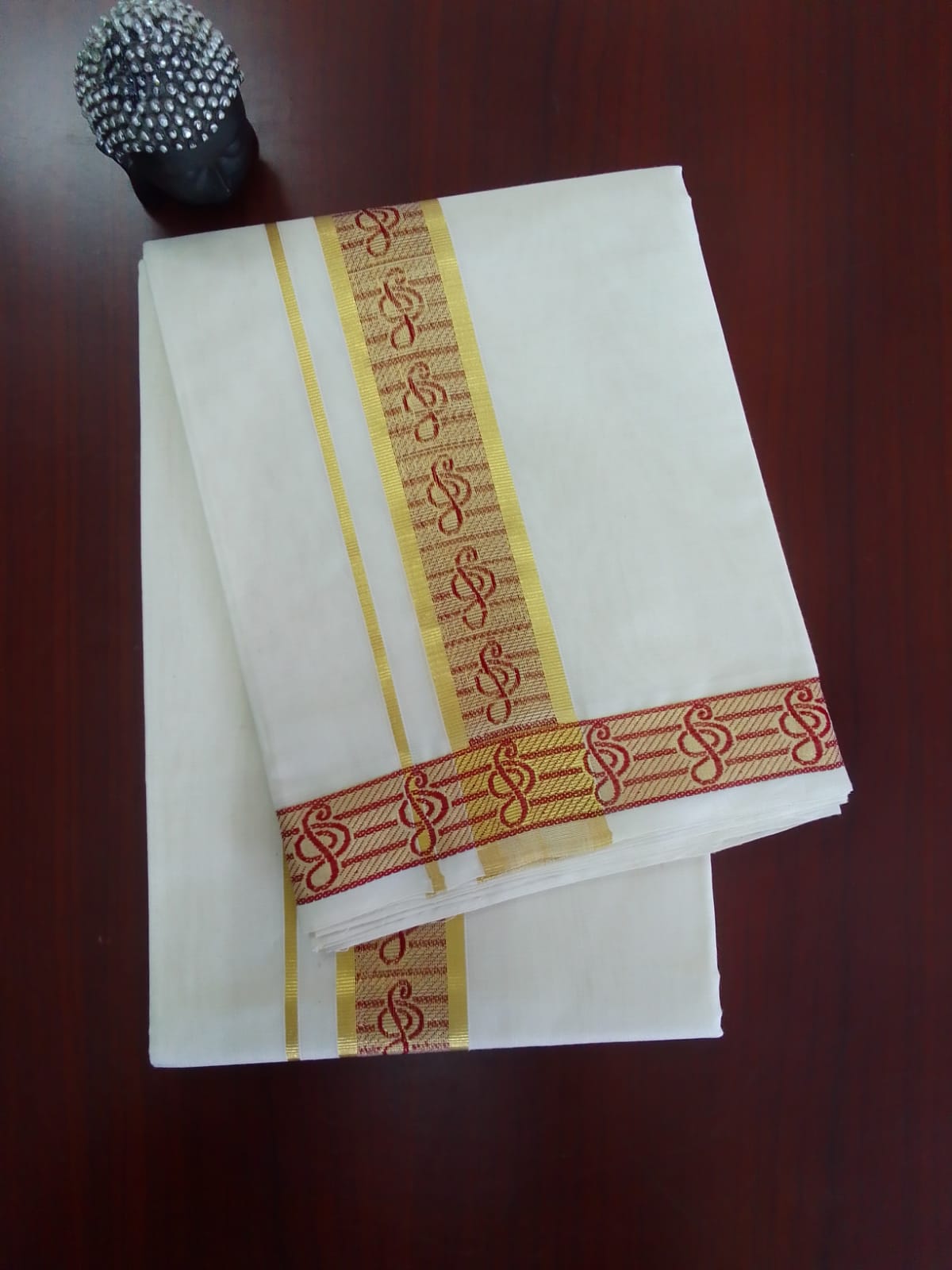 2B Red with Golden Lined Border Handloom Dhothi - Image 2