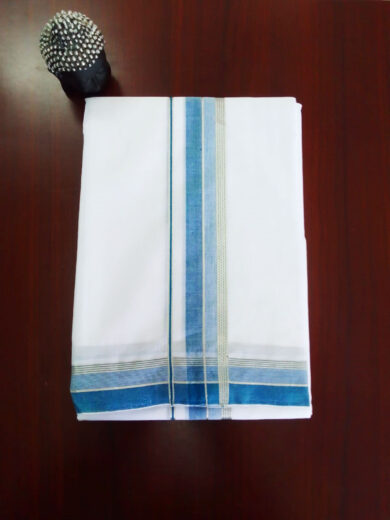 2B Blue with Silver Lined Border Handloom Dhothi