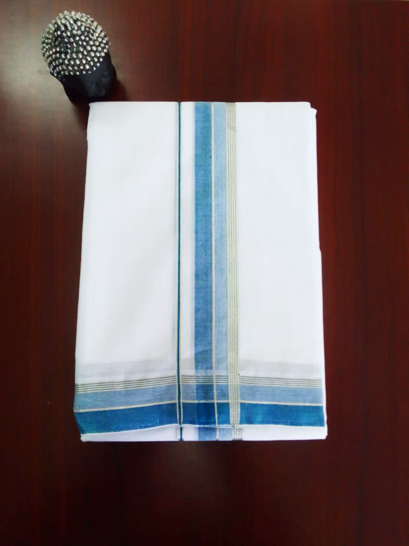 2B Blue with Silver Lined Border Handloom Dhothi