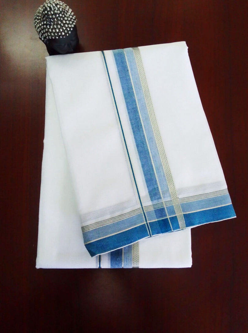 2B Blue with Silver Lined Border Handloom Dhothi - Image 2