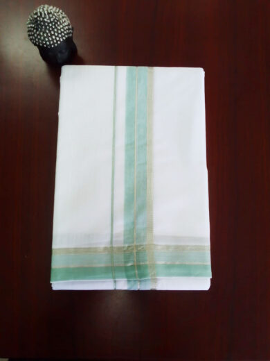 2B Green with Silver Lined Border Handloom Dhothi