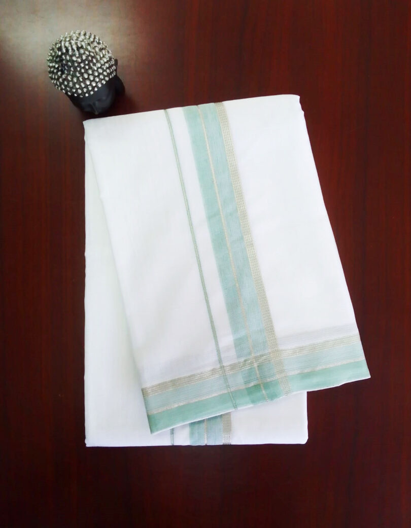 2B Green with Silver Lined Border Handloom Dhothi - Image 2