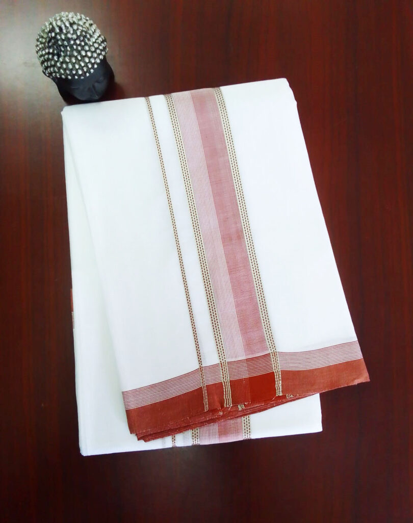 2B Maroon with Silver Lined Border Handloom Dhothi - Image 2