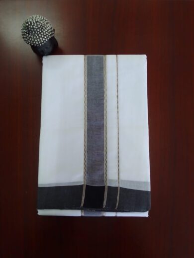 2B Navy Blue with Silver Lined Border Handloom Dhothi