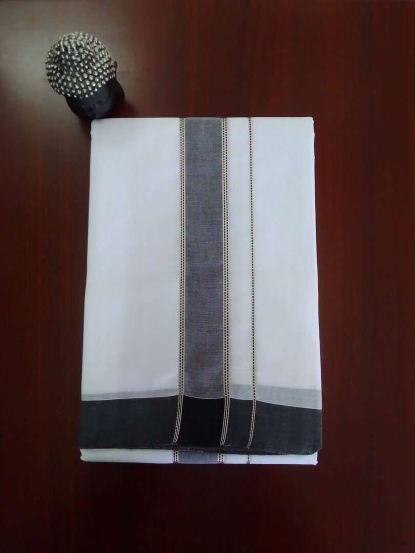 2B Navy Blue with Silver Lined Border Handloom Dhothi