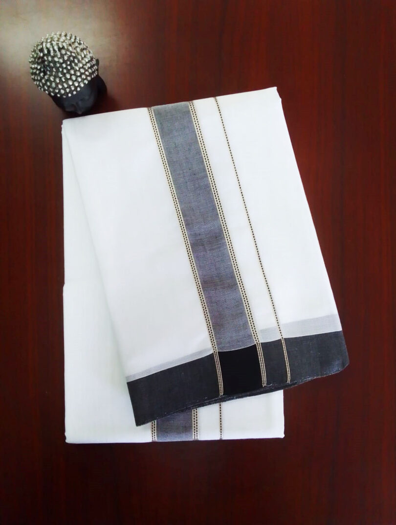 2B Navy Blue with Silver Lined Border Handloom Dhothi - Image 2