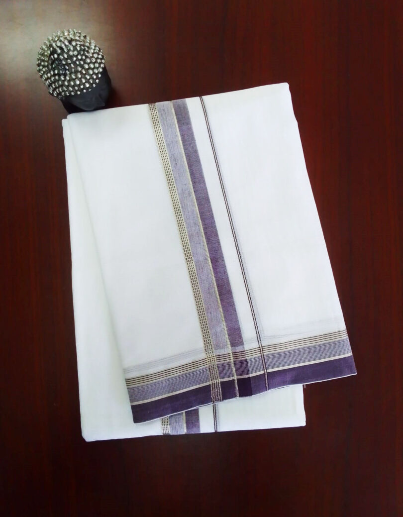 2B Violet with Silver Lined Border Handloom Dhothi - Image 2