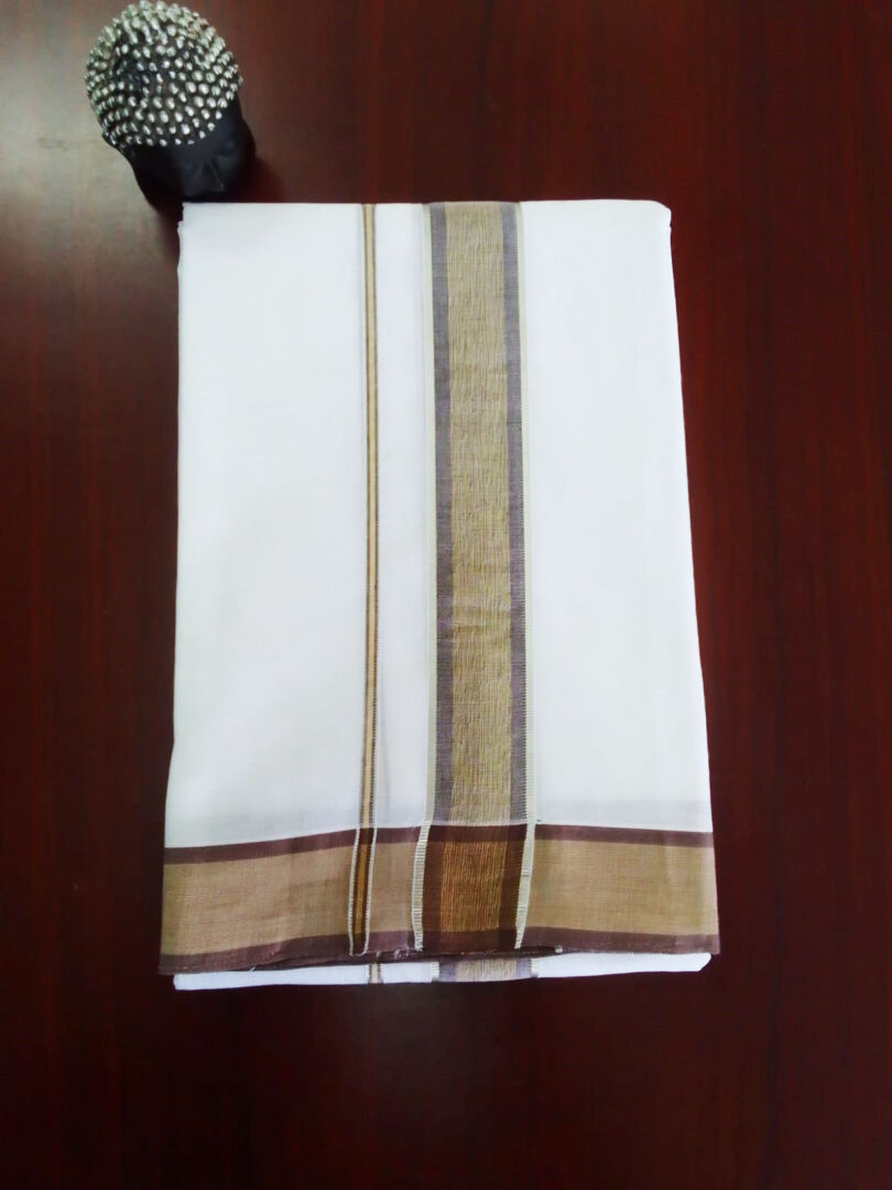 2B Brown with Silver Lined Border Handloom Dhothi