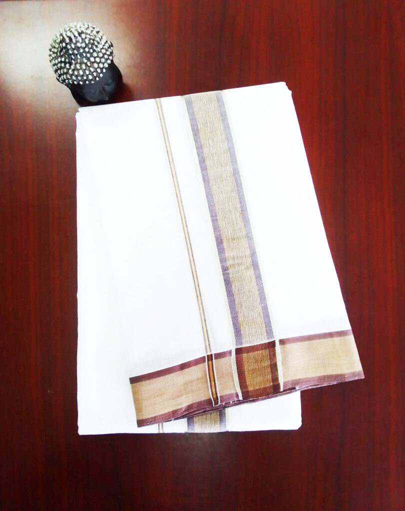 2B Brown with Silver Lined Border Handloom Dhothi - Image 2