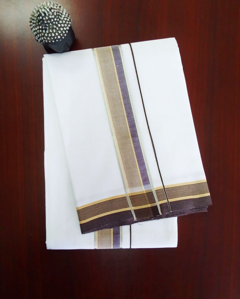 2B Brown with Silver Lined Border Handloom Dhothi - Image 2