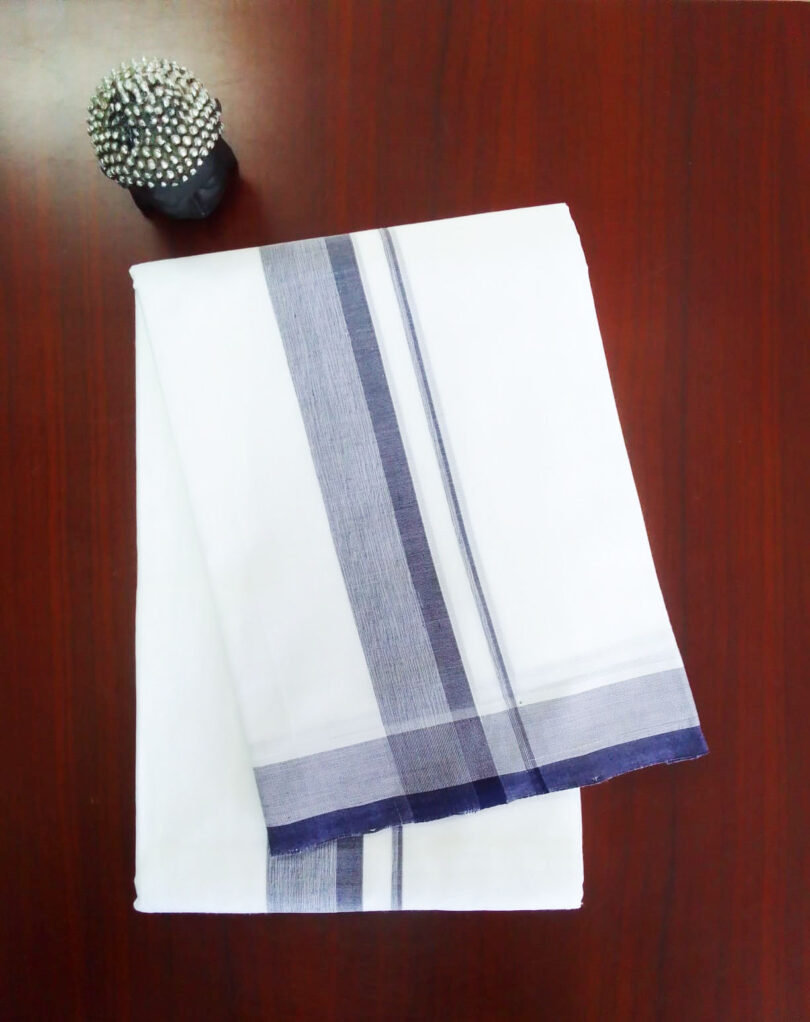 2B Royal Blue with Sky Blue Lined Border Handloom Dhothi - Image 2