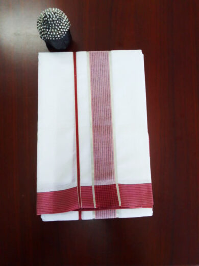 2B Caramine Red with Sliver Border Handloom Dhothi
