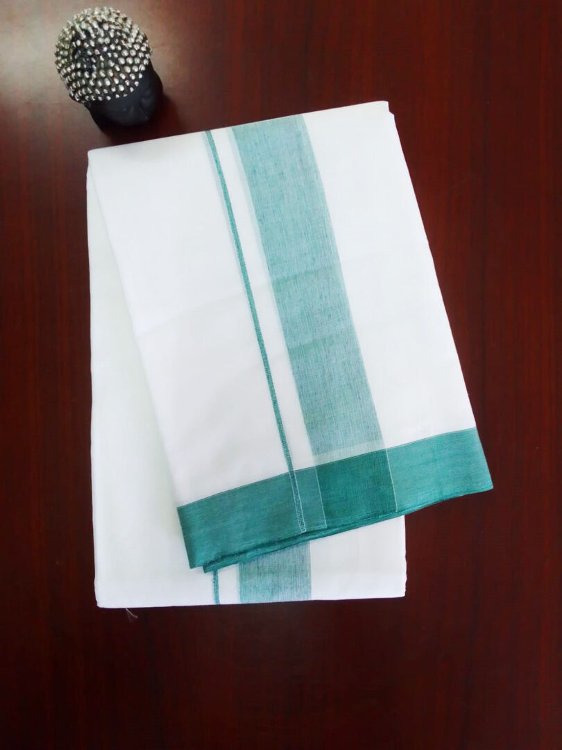 2B Teal Green Border Handloom Dhothi - Image 2
