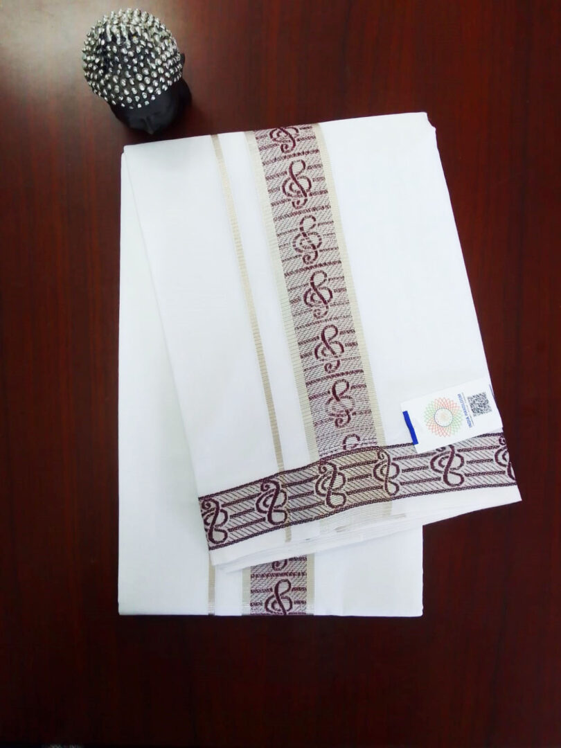 2B Chocolate Brown with Silver Designed Border Handloom Dhothi - Image 2