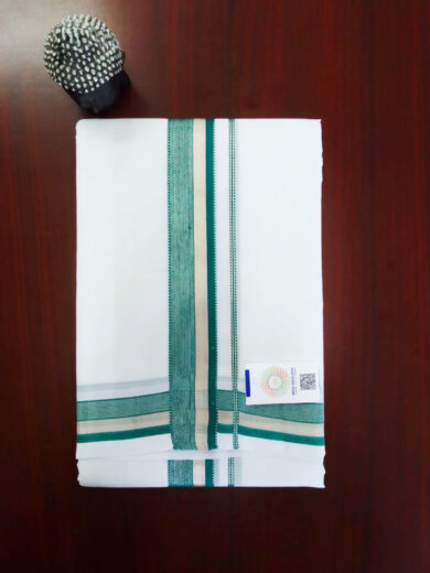 2B Dark Green with Silver Lined Border Handloom Dhothi