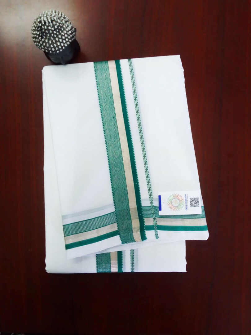 2B Dark Green with Silver Lined Border Handloom Dhothi - Image 2