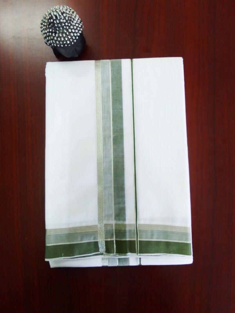 2B Forest Green with Silver Lined Border Handloom Dhothi