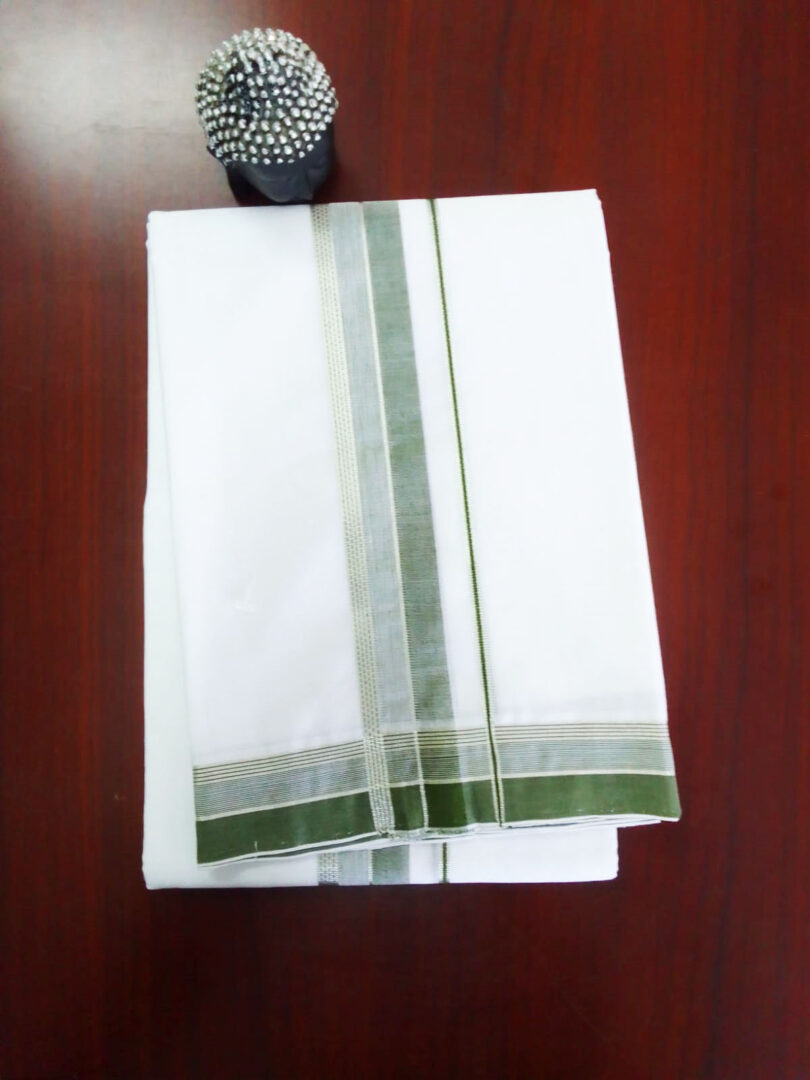 2B Forest Green with Silver Lined Border Handloom Dhothi - Image 2