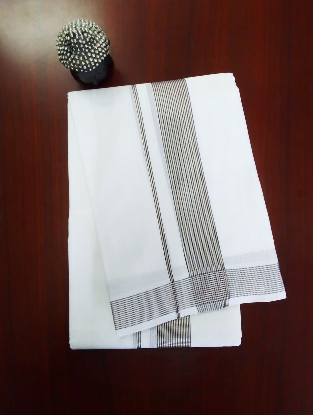 2B Navy Blue Lined Border Handloom Dhothi - Image 2