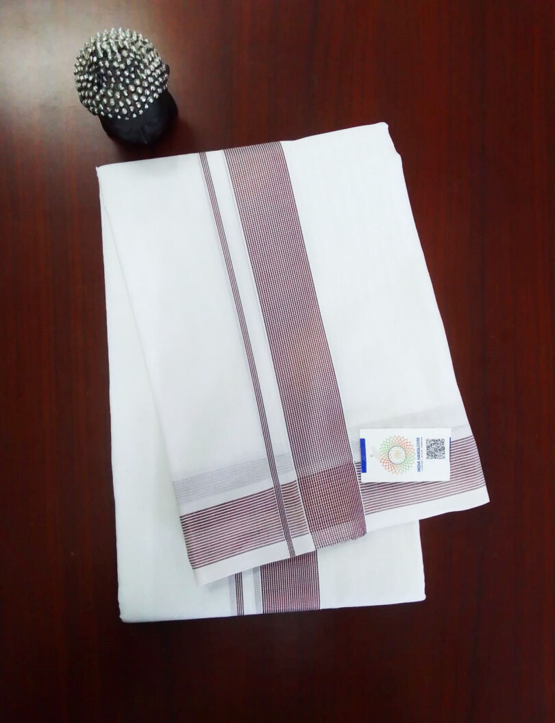 2B Maroon Lined Border Handloom Dhothi - Image 2