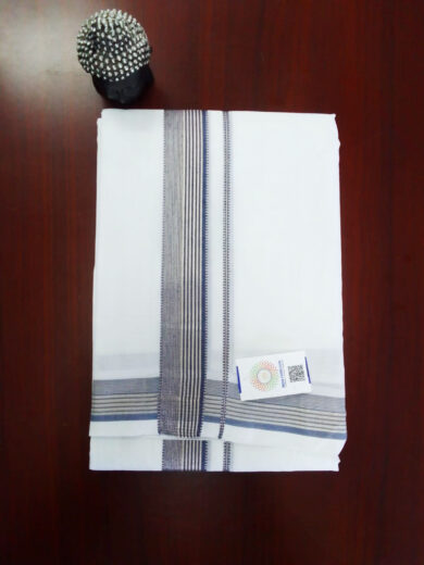 2B Dark Blue with Silver Lined Border Handloom Dhothi