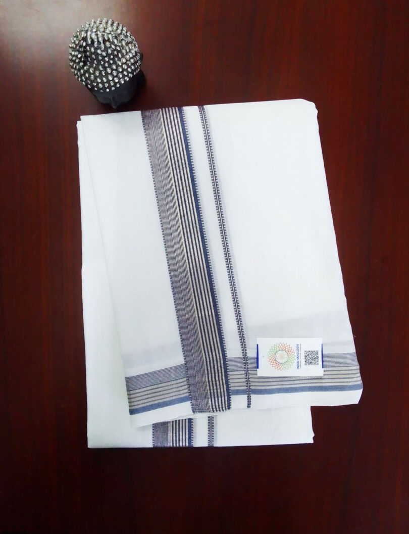 2B Dark Blue with Silver Lined Border Handloom Dhothi - Image 2