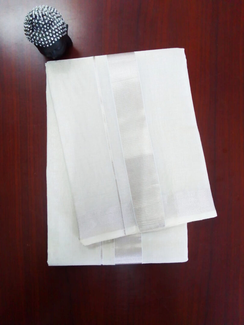 2B Lite Silver Mix Golden  Border Handloom Dhothi - Image 2