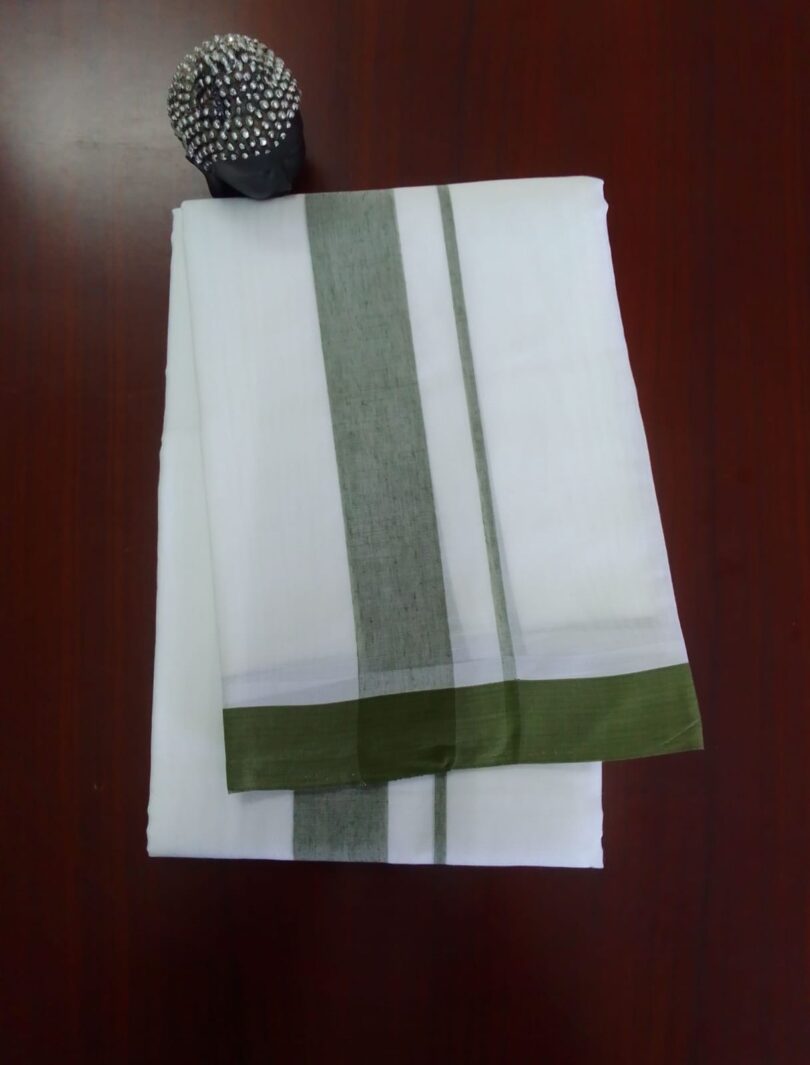 2B Mustard Green Border Handloom Dhothi - Image 2