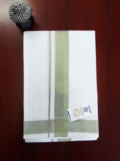 2B Mustard Green Lined Border Handloom Dhothi