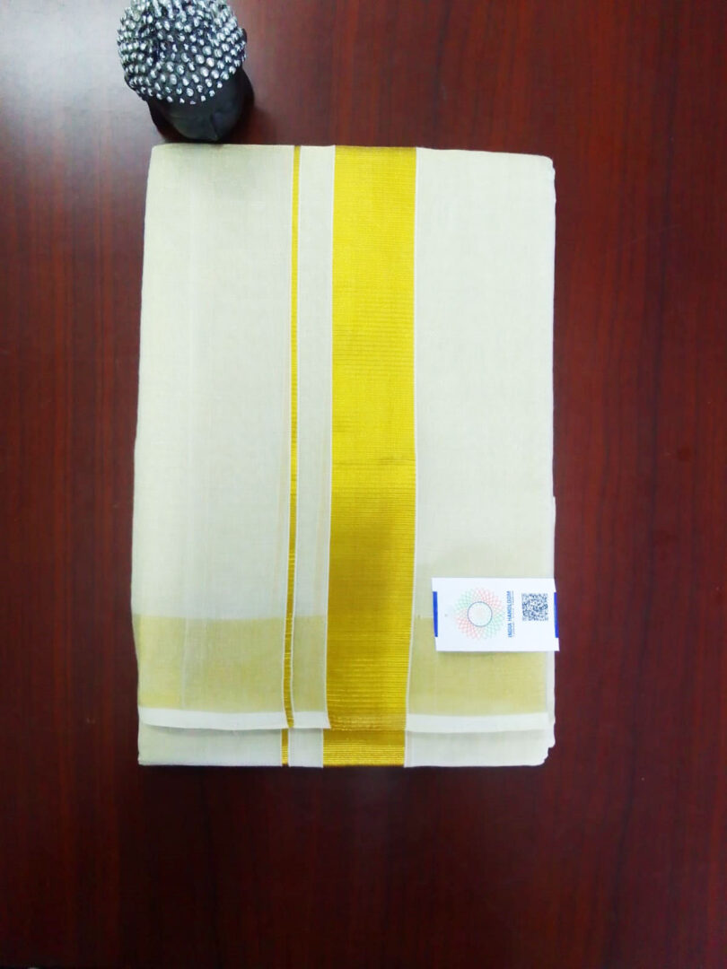 2B Golden Tissue Lined Border Handloom Dhothi