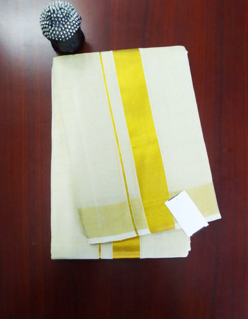 2B Golden Tissue Lined Border Handloom Dhothi - Image 2